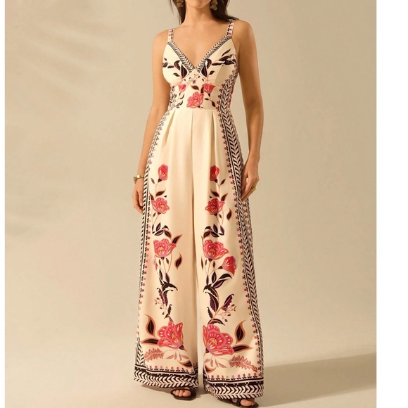 Boho Floral Print Smocked Wide leg Cami Jumpsuit - Picture 1 of 7